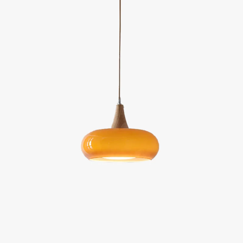 Elowen Wood Pendant Light With Amber Glass Shade And Warm Wood Top By Euroselle