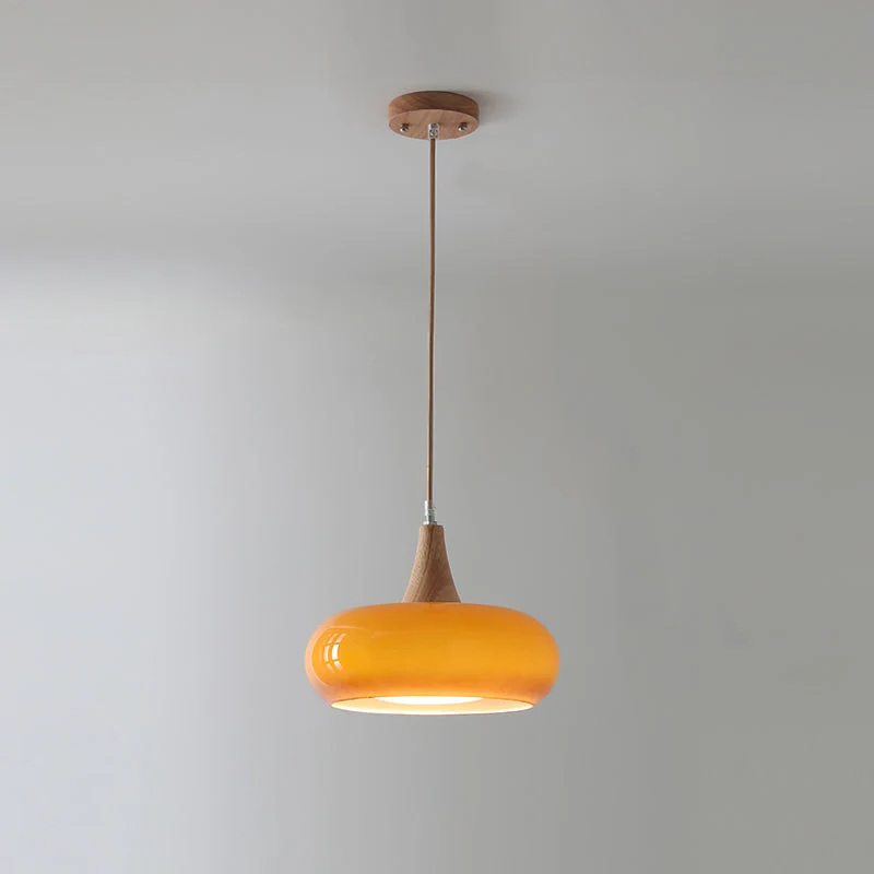 Elowen Wood Pendant Light With Amber Glass Shade And Warm Wood Top By Euroselle