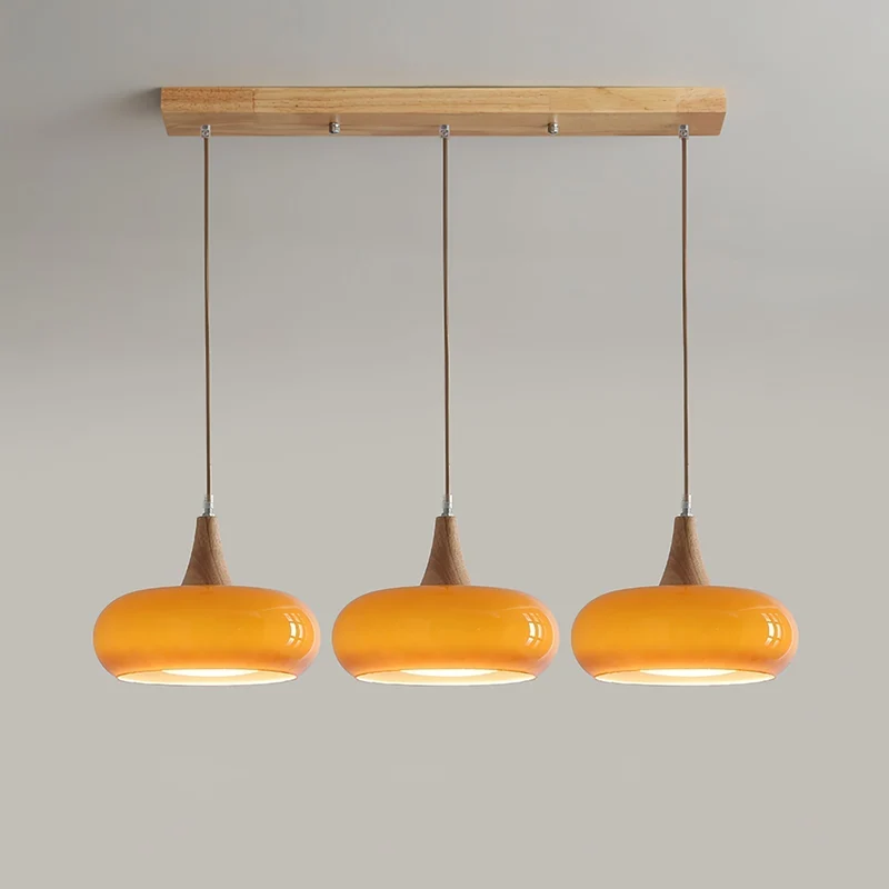 Elowen Wood Pendant Light With Amber Glass Shade And Warm Wood Top By Euroselle