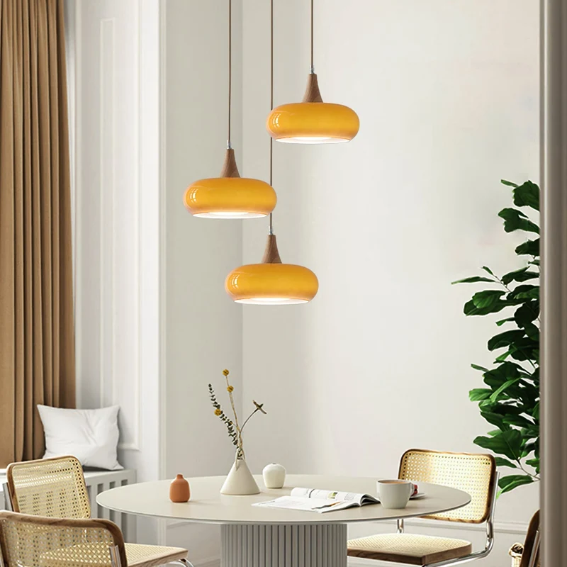 Elowen Wood Pendant Light With Amber Glass Shade And Warm Wood Top By Euroselle