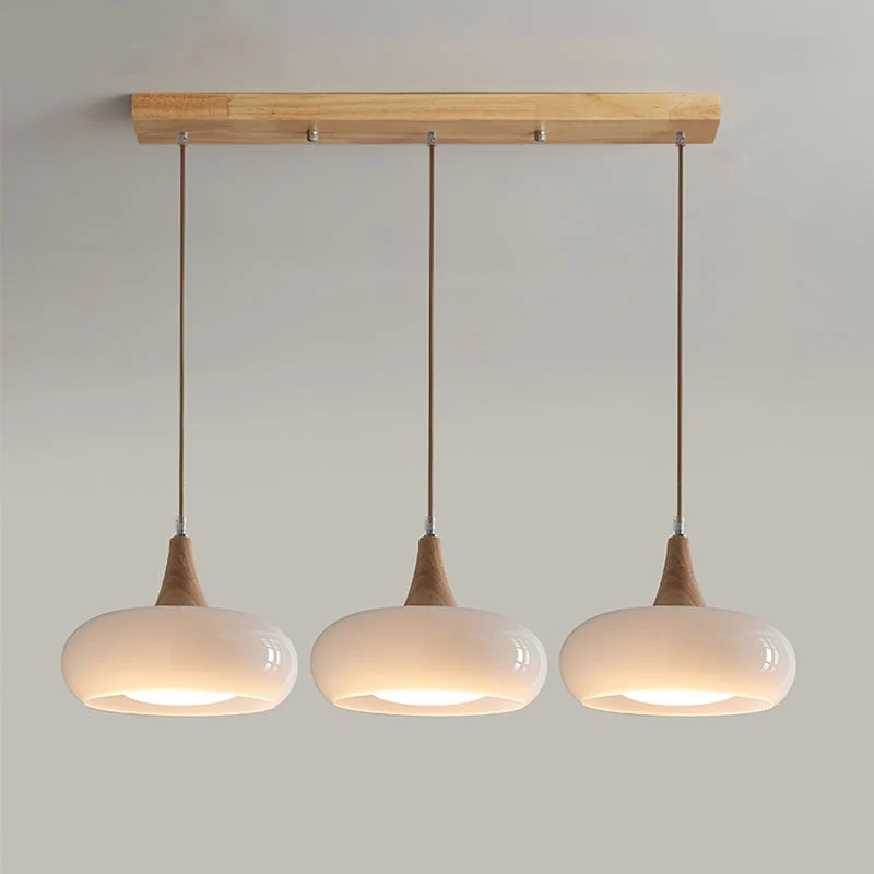 Elowen Wood Pendant Light With Amber Glass Shade And Warm Wood Top By Euroselle