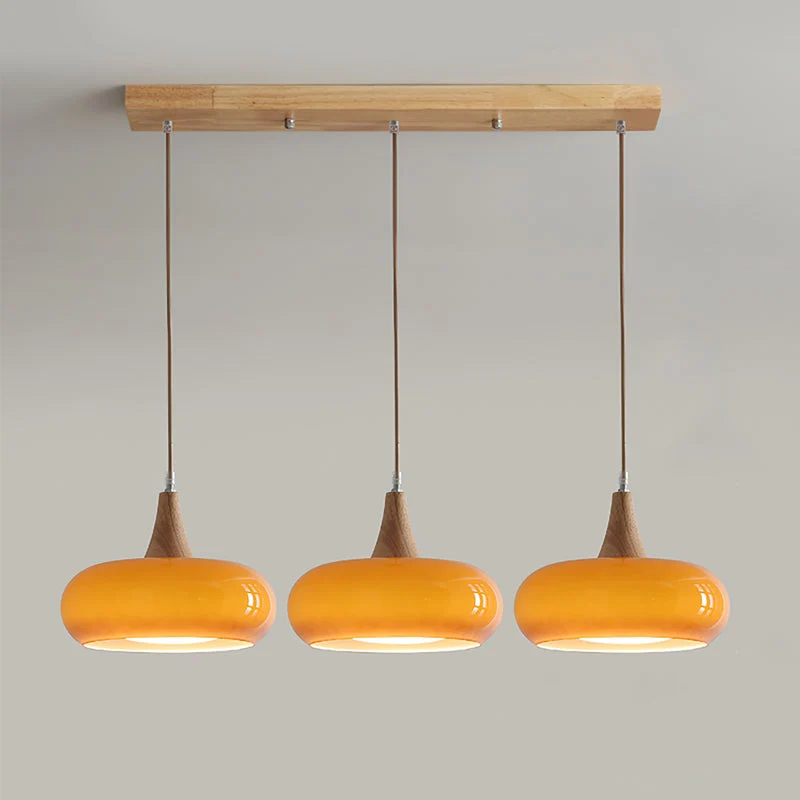 Elowen Wood Pendant Light With Amber Glass Shade And Warm Wood Top By Euroselle