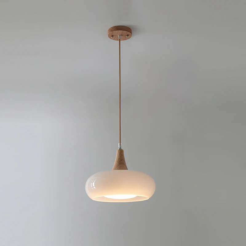 Elowen Wood Pendant Light With Amber Glass Shade And Warm Wood Top By Euroselle