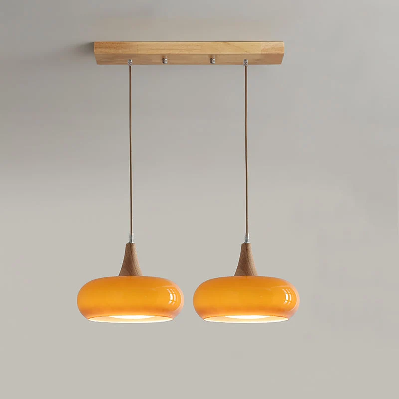 Elowen Wood Pendant Light With Amber Glass Shade And Warm Wood Top By Euroselle