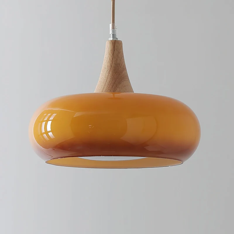 Elowen Wood Pendant Light With Amber Glass Shade And Warm Wood Top By Euroselle