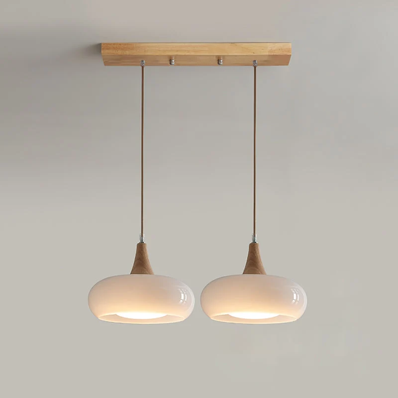 Elowen Wood Pendant Light With Amber Glass Shade And Warm Wood Top By Euroselle