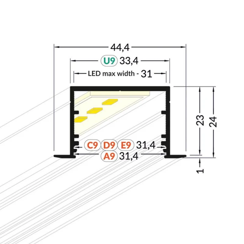 XXL Einbauprofil 200cm Alu-roh ohne Abdeckung für LED-Strips