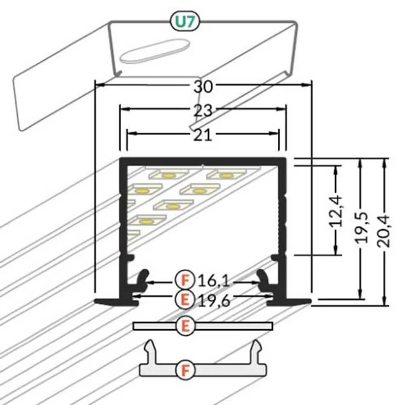 Einbauprofil tief 200cm Weiß ohne Abdeckung für LED-Strips