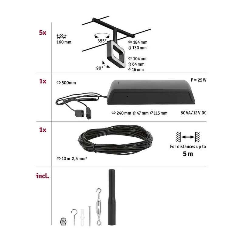 CorDuo LED Seilsystem Frame Basis-Set Schwarz-Matt, Chrom