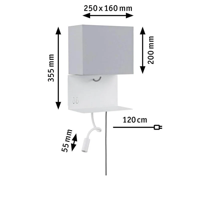 Merani Wandleuchte mit Ablage & LED Lesearm Grau, Weiß