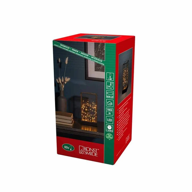 LED Glaslaterne mit schwarzem Holzfundament und 6h Timer Schwarz
