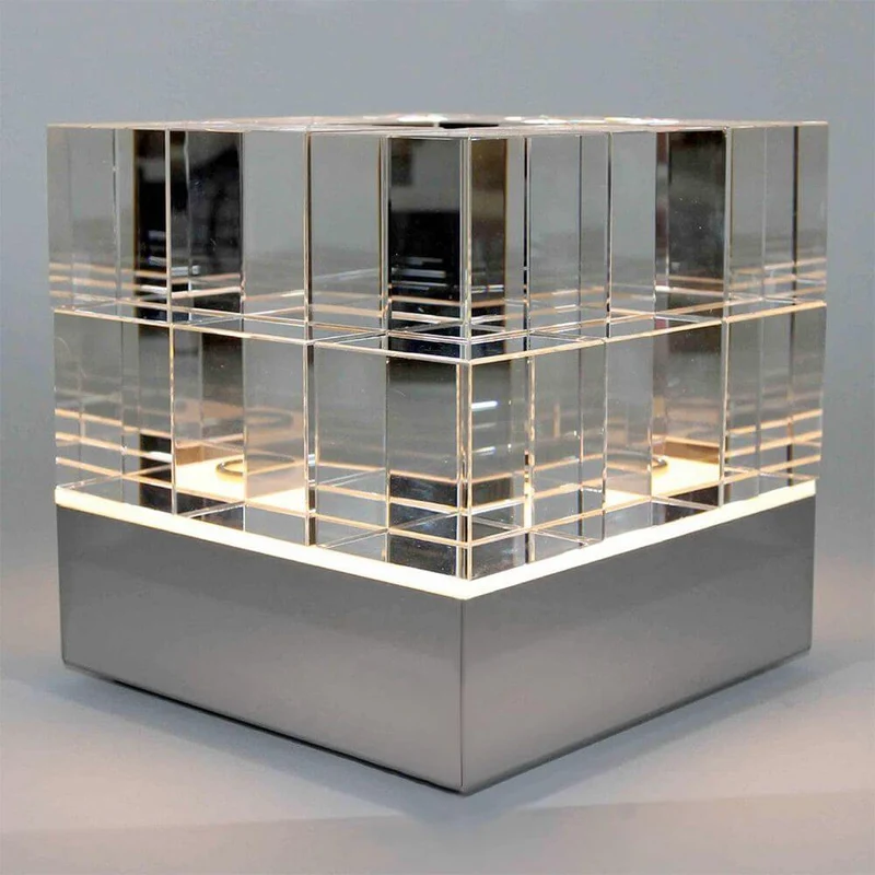 Tecnolumen Tischleuchte Cubelight Edelstahl Glas klar schwarz rosa
