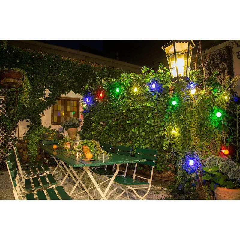 LED Biergartenkette 10er bunt milchig 80 Warmweiße Dioden 24V