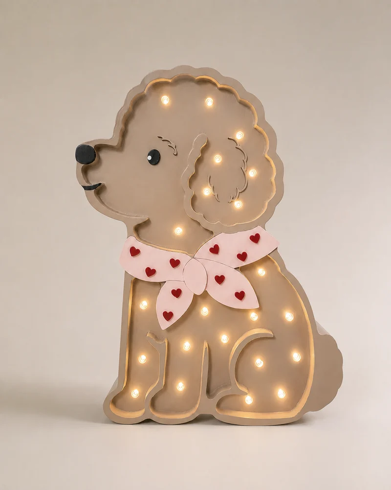 Little Lights Poodle Dog Lotta Night Light | Red Hearts on Pink