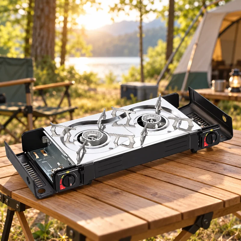 2 flammig Campingkocher Outdoor Camping Gas Kocher Grillplatte + 4x Gaskartusche
