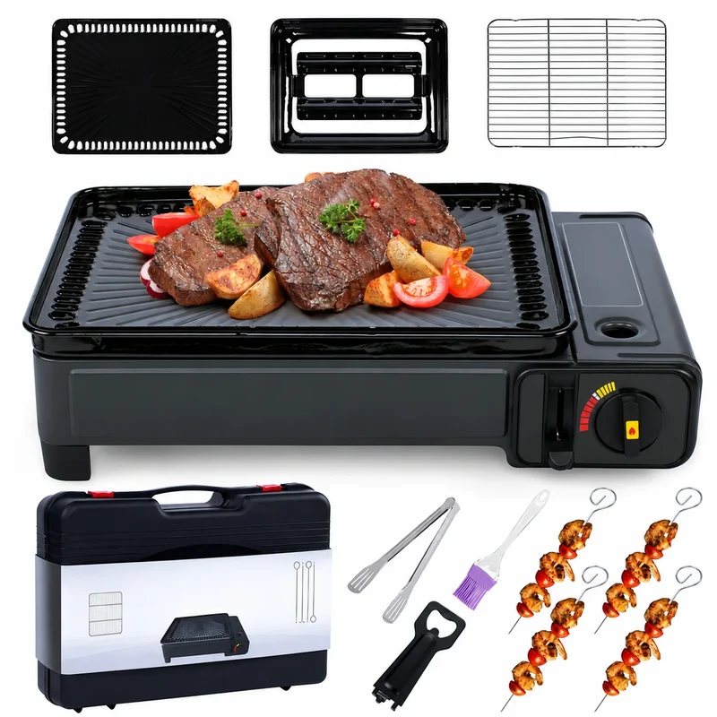 2in1 Gas Kocher Campingkocher + Grillplatte Gasgrill Outdoor Camping Kocher