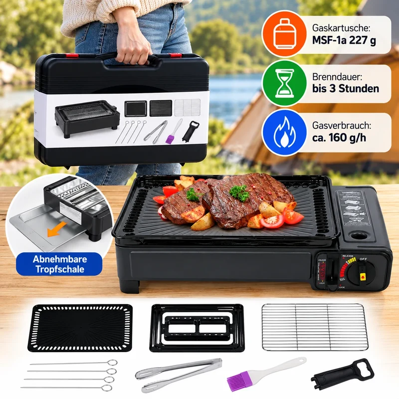 2in1 Gas Kocher Campingkocher + Grillplatte Gasgrill Outdoor Camping Kocher