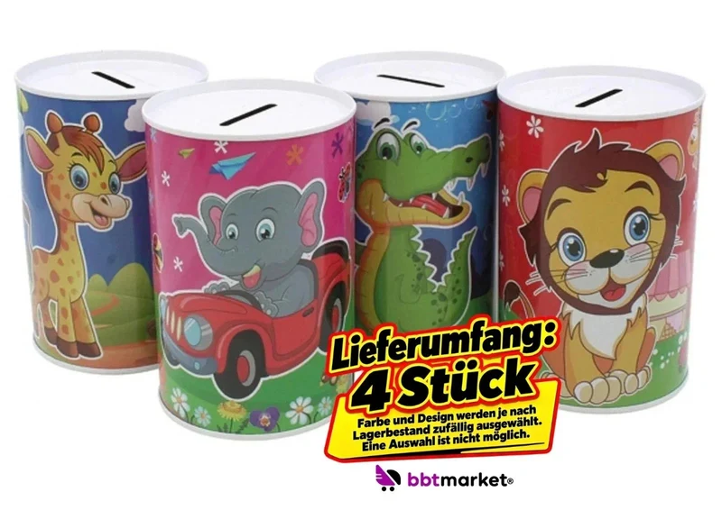 Spardose Kinder Metall 12,5x8cm Geldbüchse 1 oder 4 Stück Motiv Mix