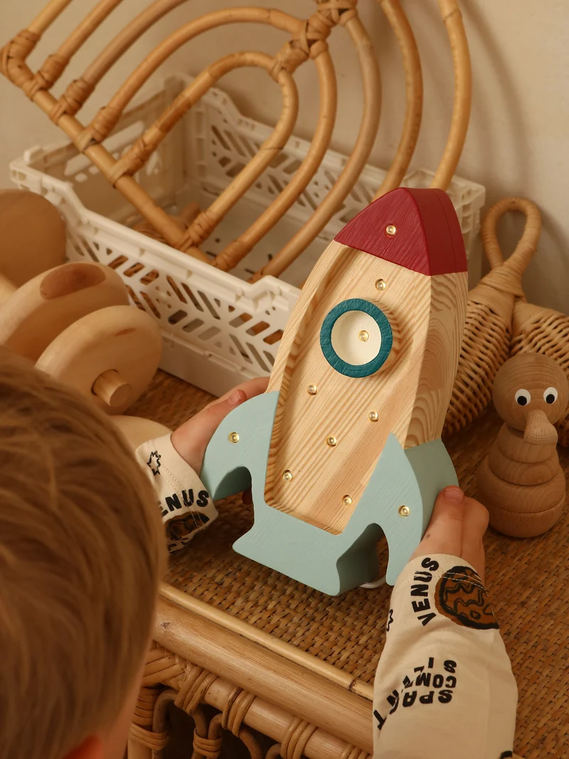 Little Lights Space Rocket Mini Night Light | Wood Teal