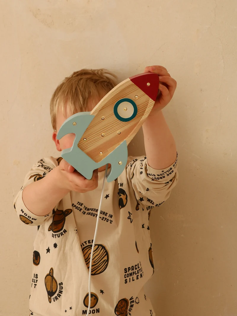 Little Lights Space Rocket Mini Night Light | Wood Teal