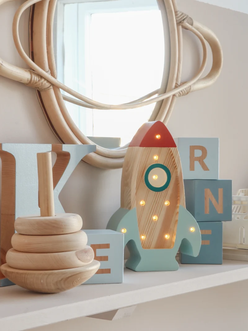 Little Lights Space Rocket Mini Night Light | Wood Teal