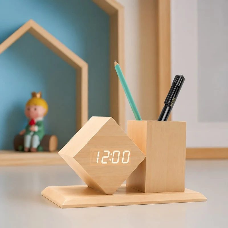 Horloge de bureau design bois avec porte stylos - LumiDesk