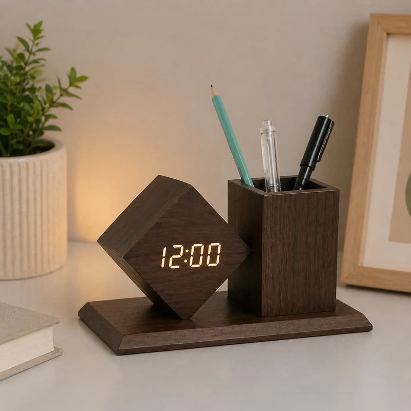 Horloge de bureau design bois avec porte stylos - LumiDesk