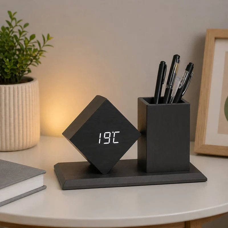 Horloge de bureau design bois avec porte stylos - LumiDesk