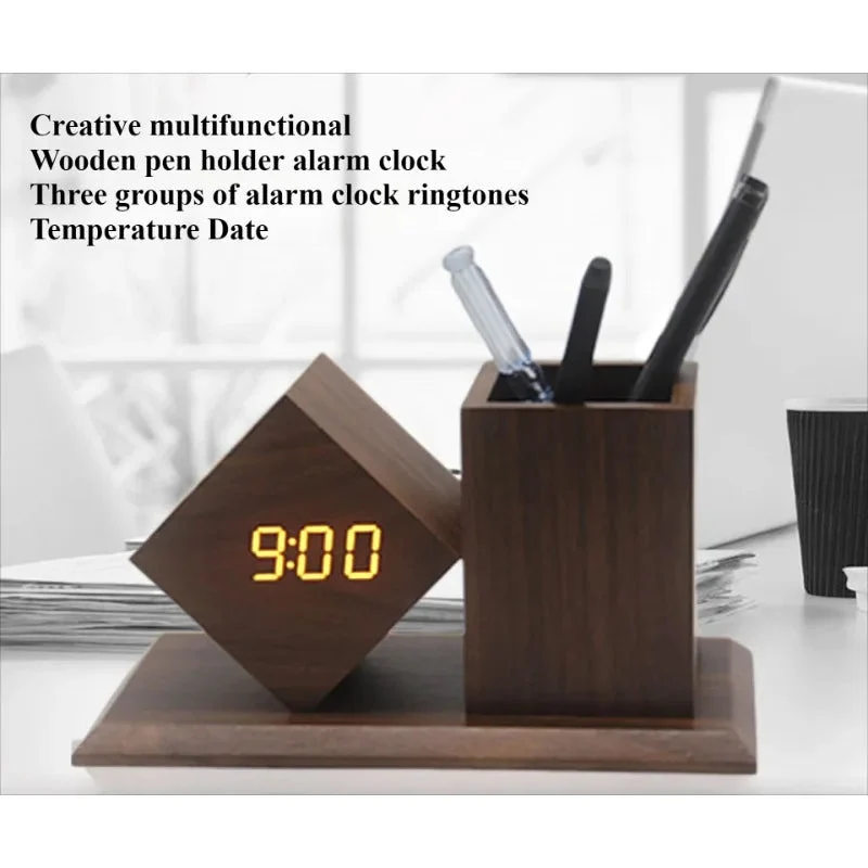 Horloge de bureau design bois avec porte stylos - LumiDesk