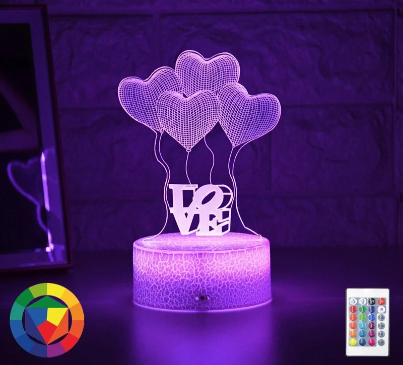 Romantisches 3D-LED Nachtlicht - Illusionslampe „Love“ für Kinder und Erwachsene mit Herz-Ballons