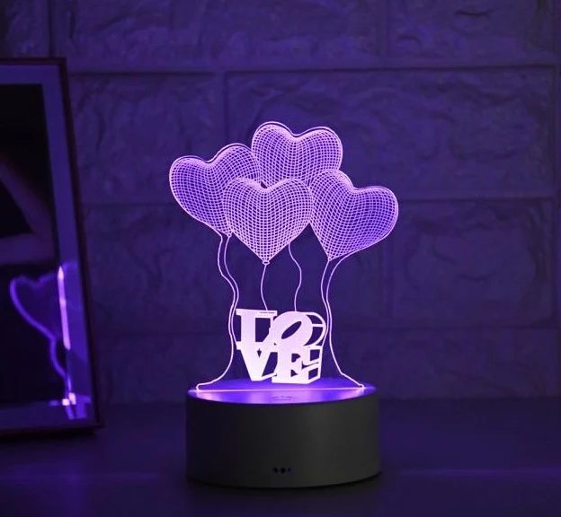 Romantisches 3D-LED Nachtlicht - Illusionslampe „Love“ für Kinder und Erwachsene mit Herz-Ballons