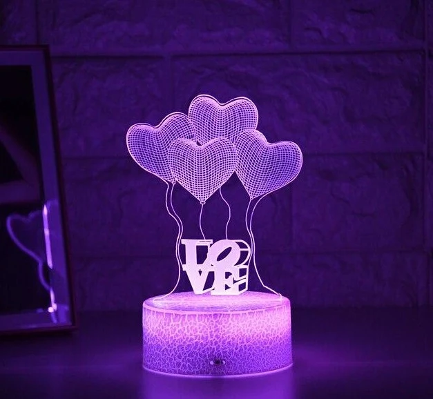 Romantisches 3D-LED Nachtlicht - Illusionslampe „Love“ für Kinder und Erwachsene mit Herz-Ballons