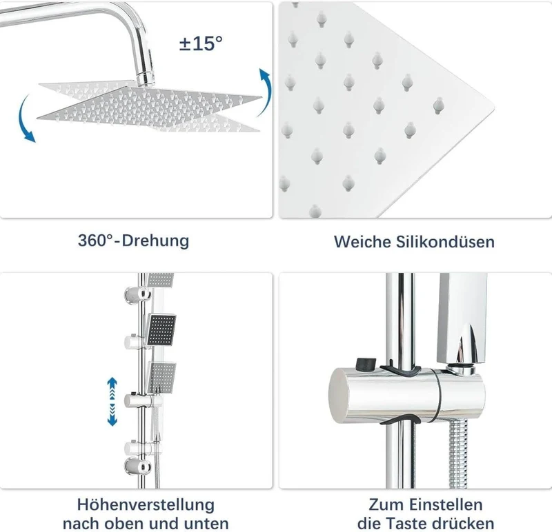 Regendusche Duschsystem 20x20cm Kopfbrause Handbrause Duschset Edelstahl