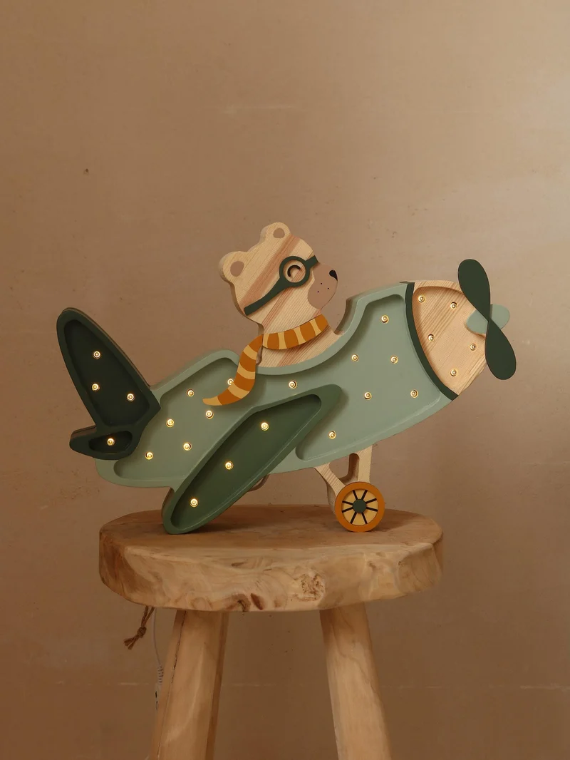 Little Lights Airplane Night Light with Teddy Pilot | Khaki Pastel
