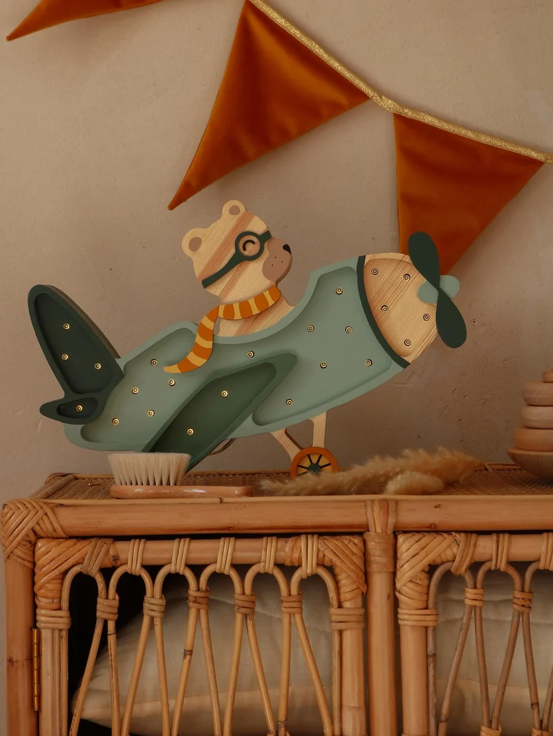 Little Lights Airplane Night Light with Teddy Pilot | Khaki Pastel