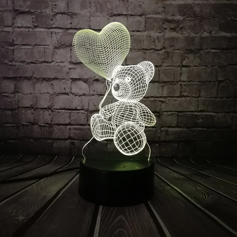 Teddybär mit Herz u. a. 3D LED Lampe - Farbwechsel mit 7 Farben