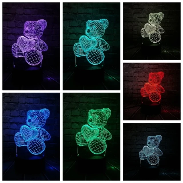 Teddybär mit Herz u. a. 3D LED Lampe - Farbwechsel mit 7 Farben