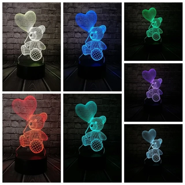 Teddybär mit Herz u. a. 3D LED Lampe - Farbwechsel mit 7 Farben