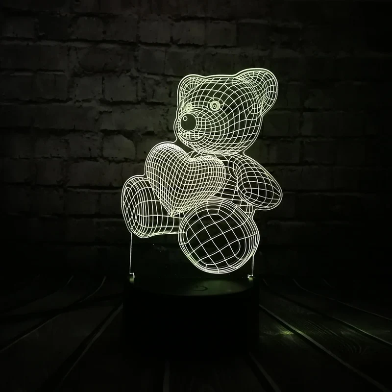 Teddybär mit Herz u. a. 3D LED Lampe - Farbwechsel mit 7 Farben