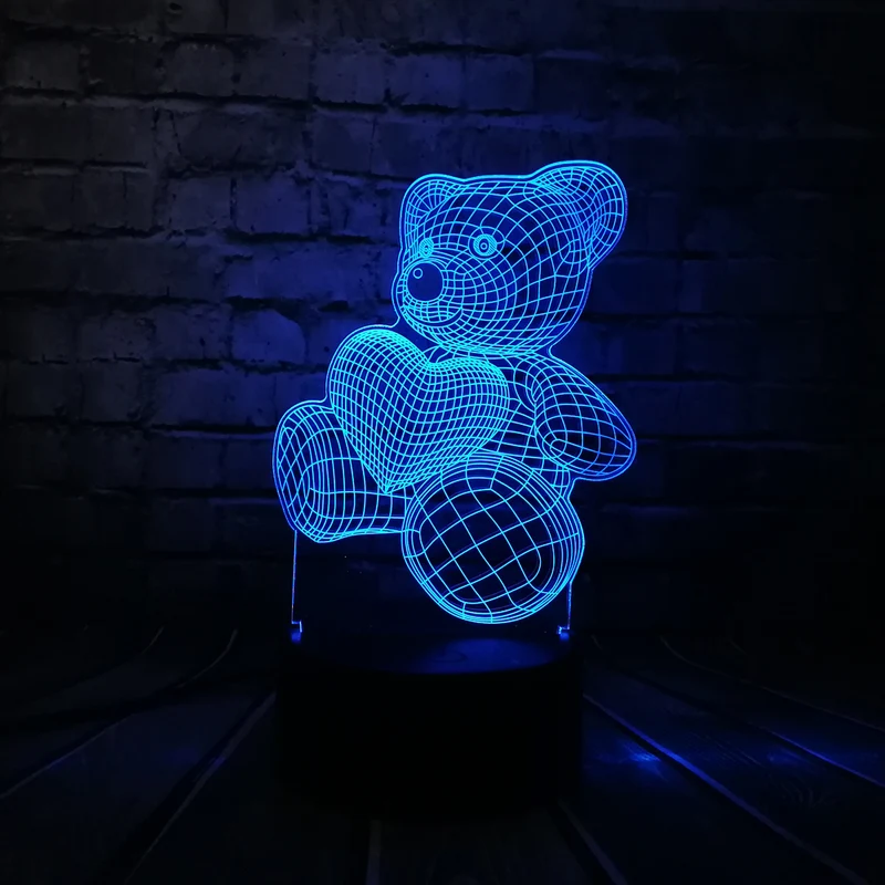 Teddybär mit Herz u. a. 3D LED Lampe - Farbwechsel mit 7 Farben