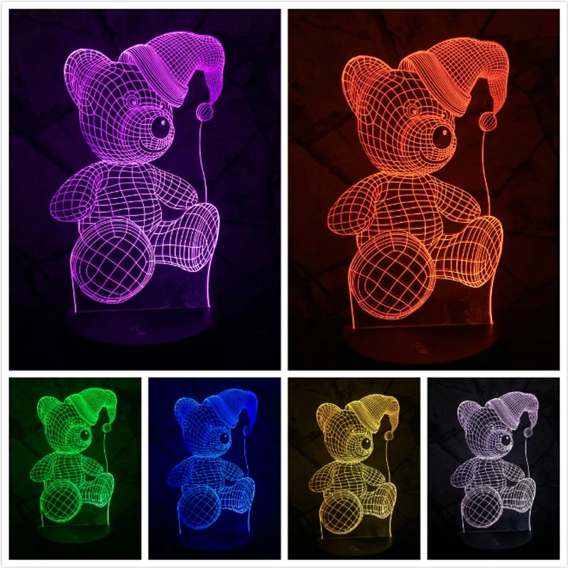 Teddybär mit Herz u. a. 3D LED Lampe - Farbwechsel mit 7 Farben