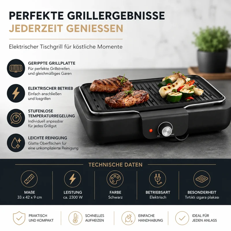 Elektrogrill Tischgrill 2200W Alu Grillplatte Innen Außen BBQ Grill