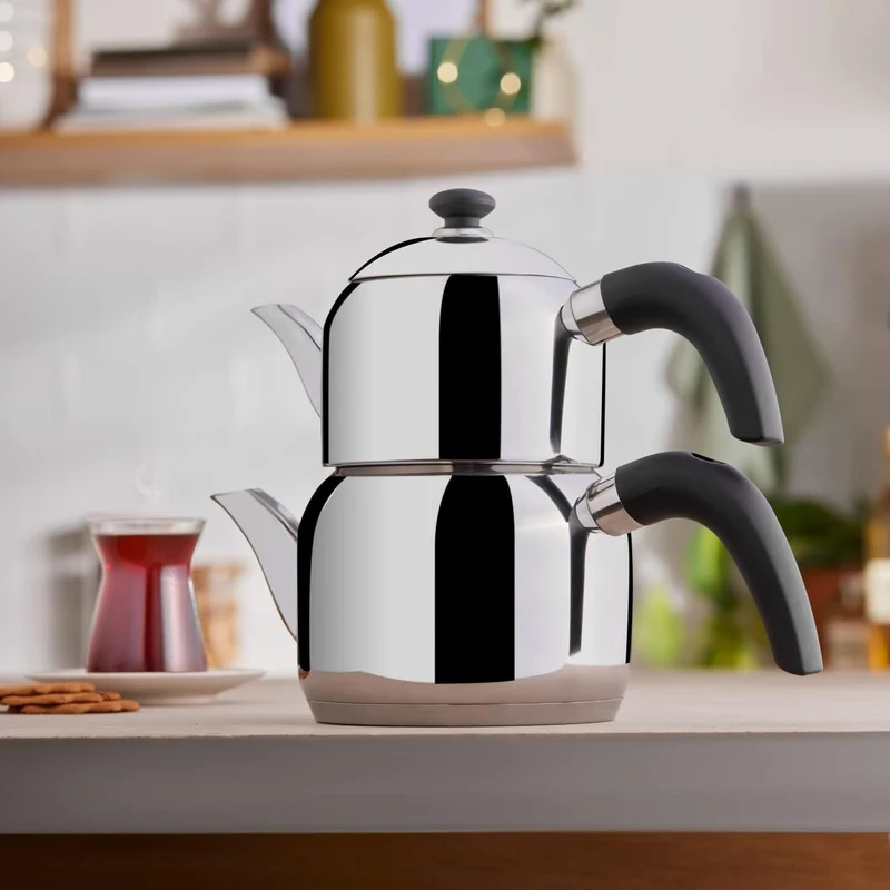 Karaca Edge Mini Induktion Teekanne Set Caydanlik 2,5L Edelstahl Schwarz