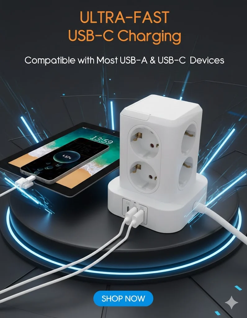 Steckdosenturm 8-Fach 3 USB 3680W 16A 2m Überspannungsschutz