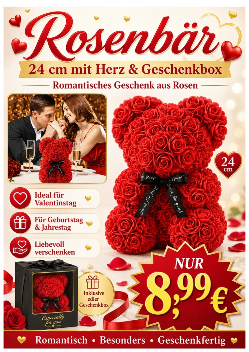 LED Blumen Geschenk im Glas mit Licht 🌸 Deko Rose & Bär für Valentinstag