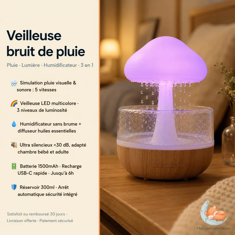 Veilleuse champignon bruit de pluie