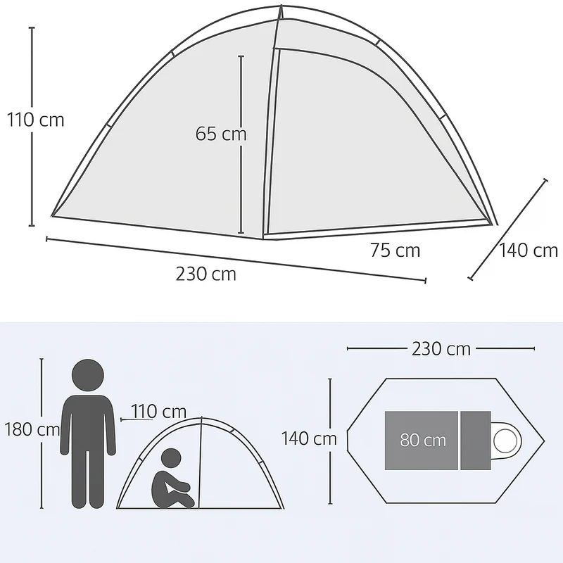 2 Personen Camping Zelt 230x140 Kuppelzelt 3000mm wasserdicht Festival Trekking