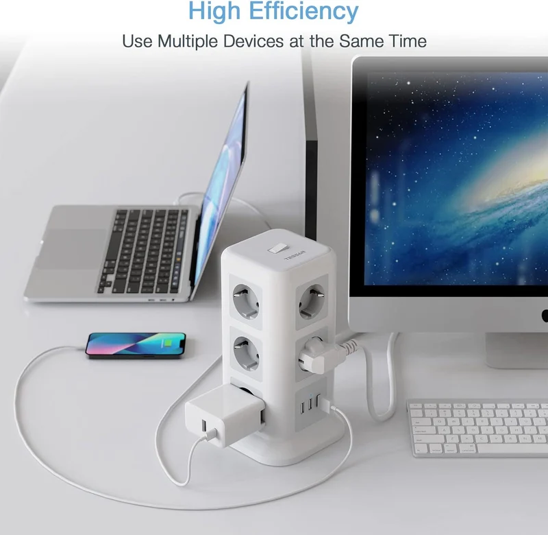 11-Fach Steckdosenleiste mit 3 USB & Schalter – 2M Kabel, 2500W, Turm-Design