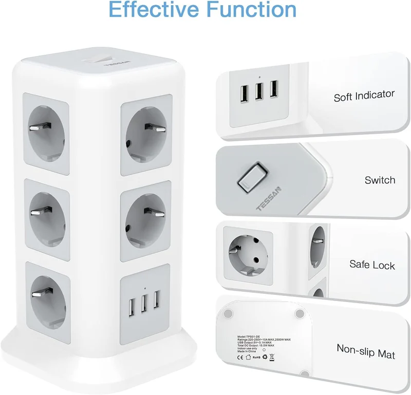 11-Fach Steckdosenleiste mit 3 USB & Schalter – 2M Kabel, 2500W, Turm-Design