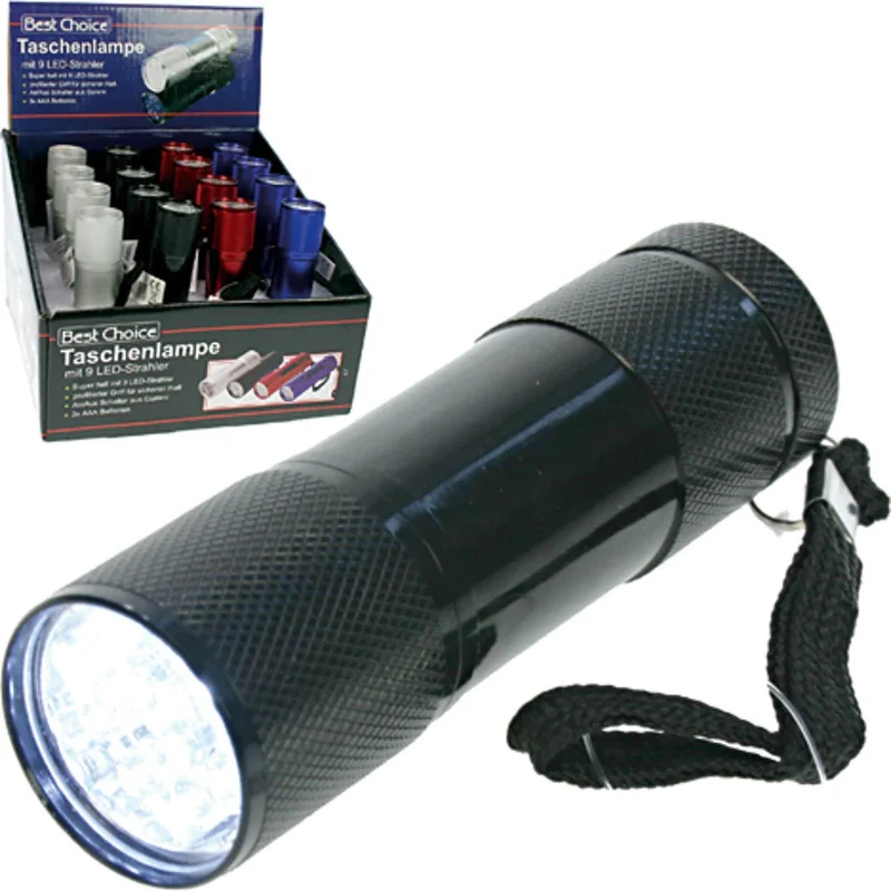 Taschenlampe 9 LED Strahler 9 cm ohne Batterie farbig sortiert - 1 stück